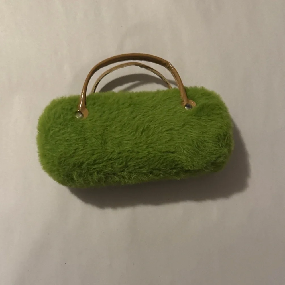 Chic Green Furry Eye Glass Case Handbag with Floral Details